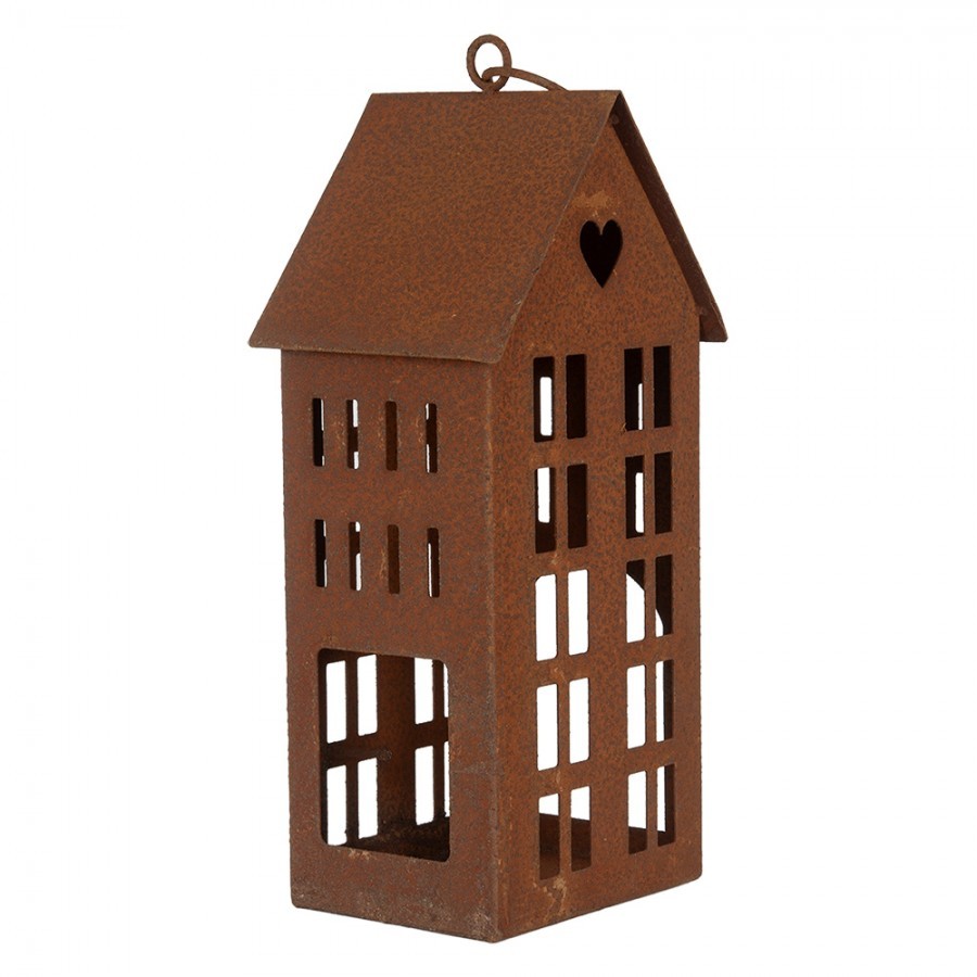 Vysoký rezavý kovový svícen domek Rustic Charm