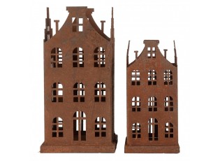 2ks rezavá dekorace / svícen domek Brocante rust - 11*11*21 / 8*8*16 cm