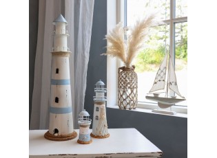 Bílo-modrá kovová dekorace maják s Led Lighthouse - Ø 17*61 cm