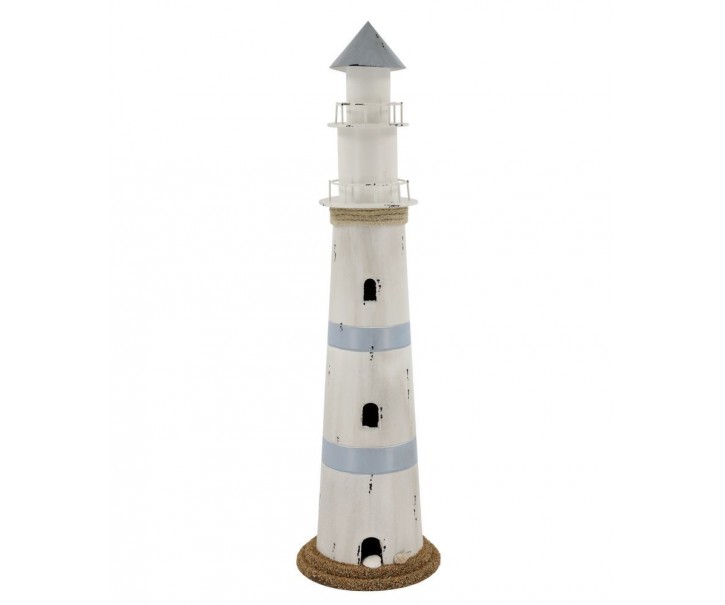 Bílo-modrá kovová dekorace maják s Led Lighthouse - Ø 17*61 cm Chic Antique