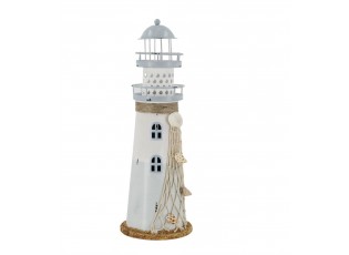 Bílo-modrá kovová dekorace maják s Led Lighthouse - Ø 10*28 cm