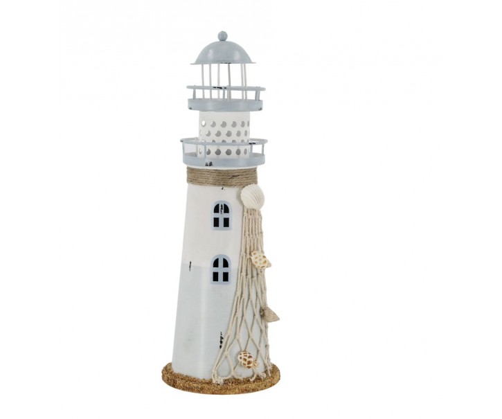 Bílo-modrá kovová dekorace maják s Led Lighthouse - Ø 10*28 cm Chic Antique