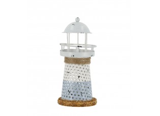 Bílo-modrá kovová dekorace maják s Led Lighthouse - Ø 6,5*15 cm