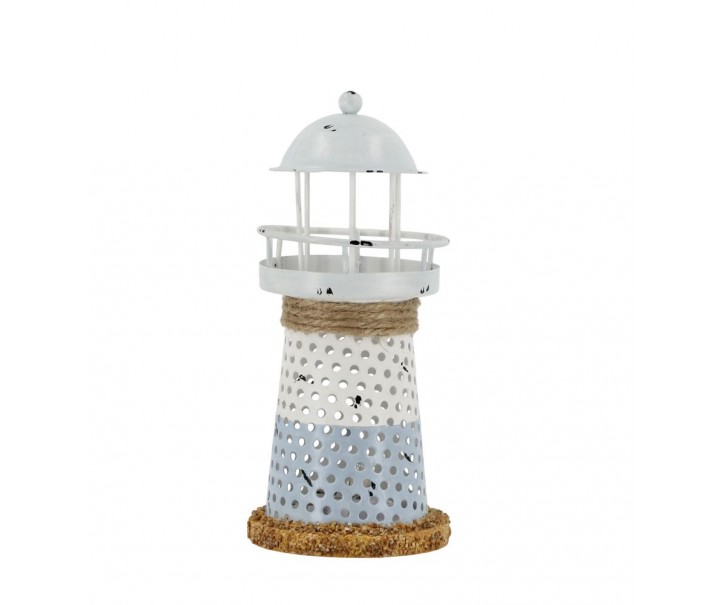 Bílo-modrá kovová dekorace maják s Led Lighthouse - Ø 6,5*15 cm Chic Antique