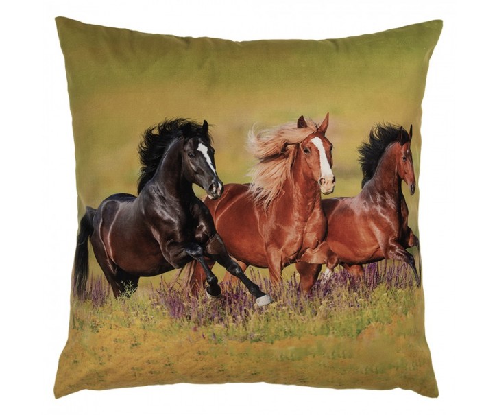 Zelený povlak na polštář s běžícími koňmi na louce - 45*45 cm Clayre & Eef