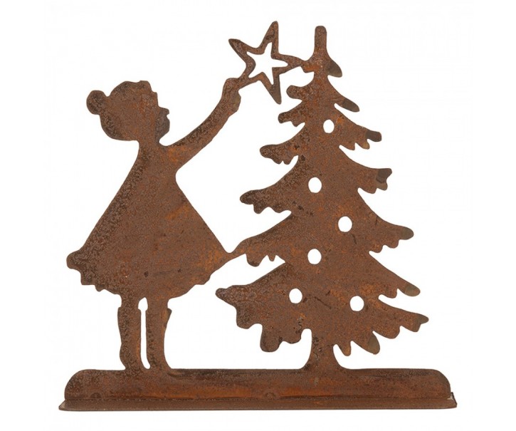 Rezavá vánoční dekorace dívka u stromečku Brocante rust - 14*5*14 cm Clayre & Eef