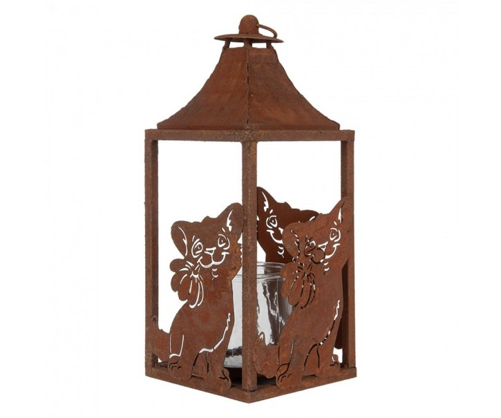Rezavá kovová lucerna s kočkami - 15*15*37 cm Clayre & Eef