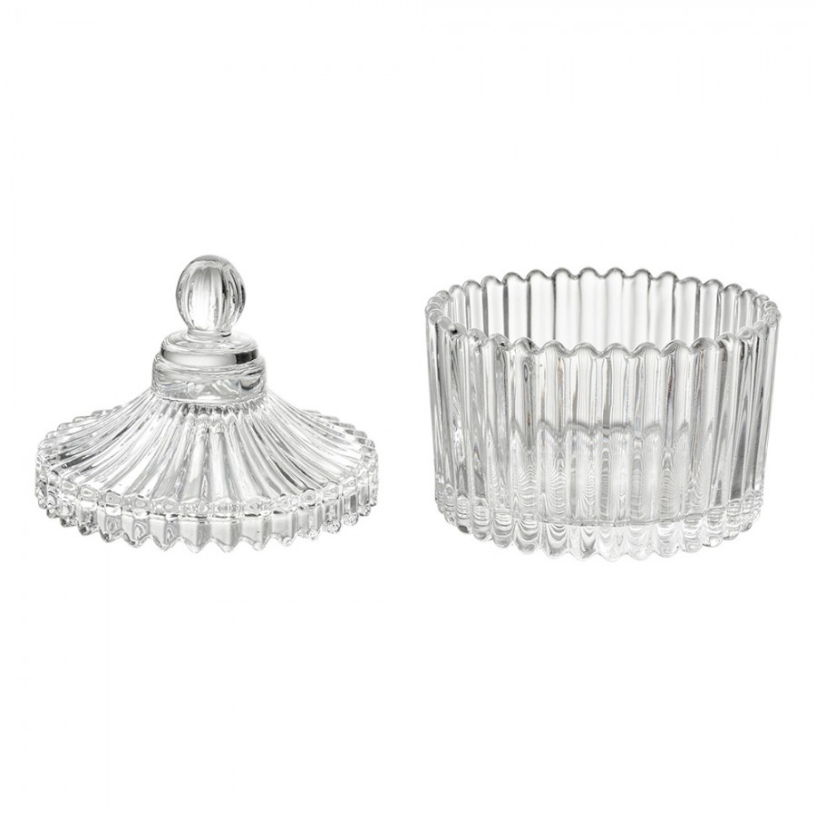 Transparentní skleněná dóza s vroubky a víkem - Ø 7*9 cm Clayre & Eef Transparentní skleněná dóza s vroubky a víkem - Ø 7*9 cm Clayre & Eef