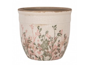 Béžový antik keramický obal na květináč s růžovo-zelenými květy S - Ø 13*11 cm