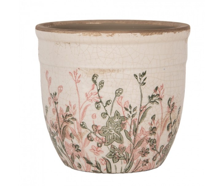 Béžový antik keramický obal na květináč s růžovo-zelenými květy - Ø 13*11 cm Clayre & Eef