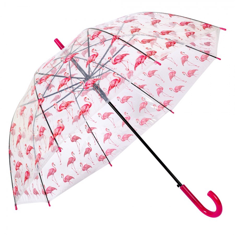 Průhledný deštník s plameňáky Flamingo - Ø 90*82 cm Clayre & Eef Průhledný deštník s plameňáky Flamingo - Ø 90*82 cm Clayre & Eef