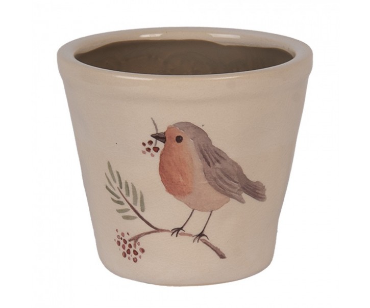 Keramický květináč s ptáčkem Vintage Green Pine S - Ø 12*11 cm Clayre & Eef