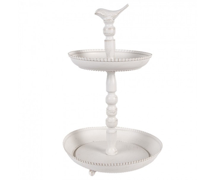 Bílý antik kovový dekorační dvoupatrový etažér s ptáčkem Birdie - Ø 27*41 cm Clayre & Eef