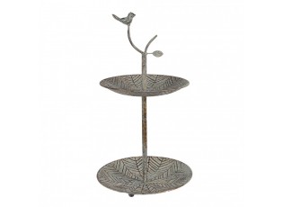 Zelenohnědý kovový dekorační dvoupatrový etažér s ptáčkem Birdie - Ø 26*48 cm