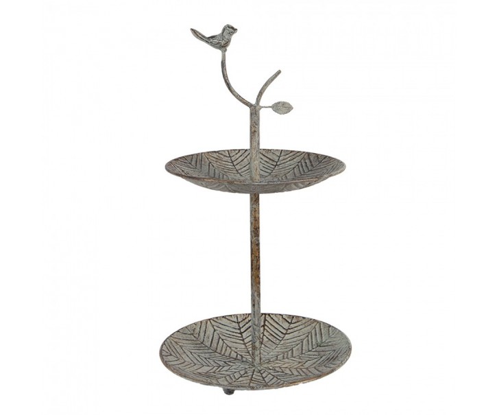 Zelenohnědý kovový dekorační dvoupatrový etažér s ptáčkem Birdi - Ø 26*48 cm Clayre & Eef