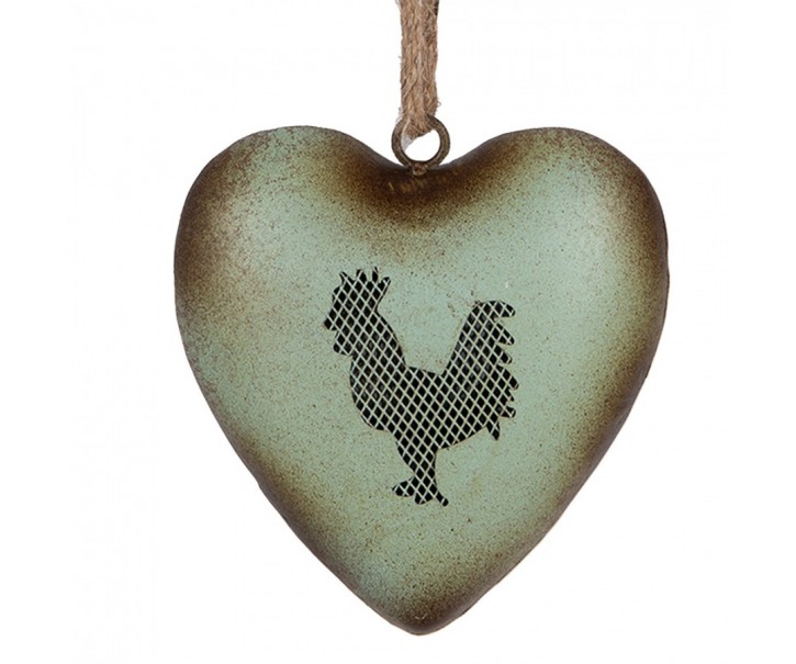 Zelené antik kovové srdce s kohoutem Rooster - 14*5*14 cm Clayre & Eef