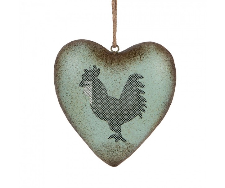 Zelené antik kovové srdce s kohoutem Rooster - 23*7*23 cm Clayre & Eef