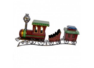 Červená antik kovová dekorace vláček na koleji Christmas Train - 70*15*36 cm