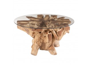 Přírodní coffee stůl z teakového dřeva a skleněnou deskou na kmeni Raoul teak - Ø90*45cm