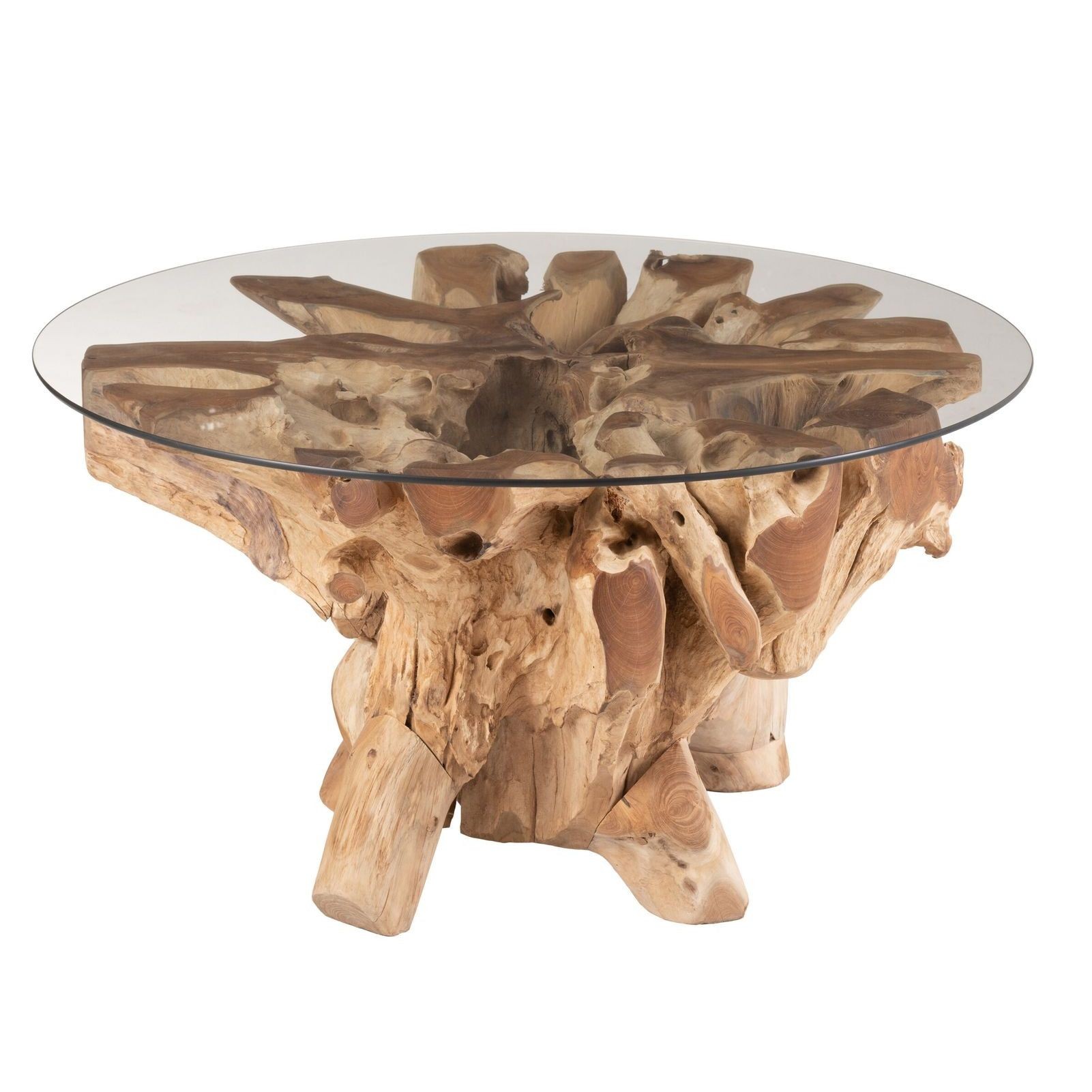 Přírodní coffee stůl z teakového dřeva a skleněnou deskou na kmeni Raoul teak - Ø90*45cm