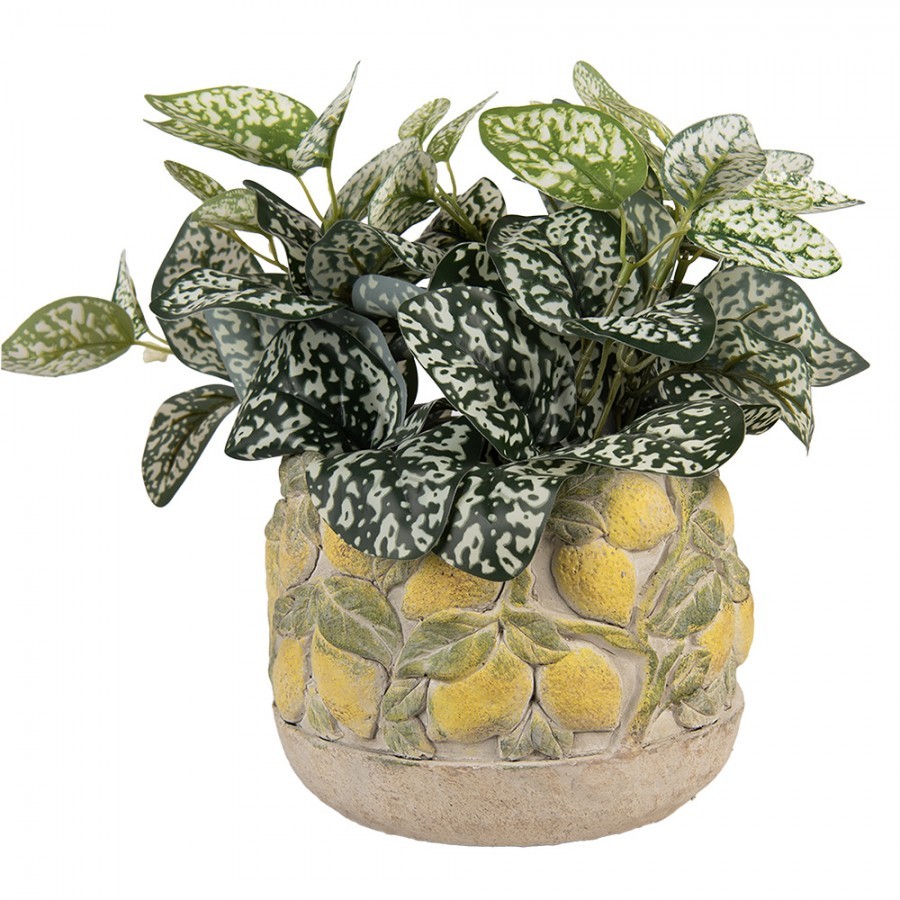 Béžový antik cementový květináč zdobený citróny Lemoni - Ø 19*15cm Clayre & Eef Béžový antik cementový květináč zdobený citróny Lemoni - Ø 19*15cm Clayre & Eef