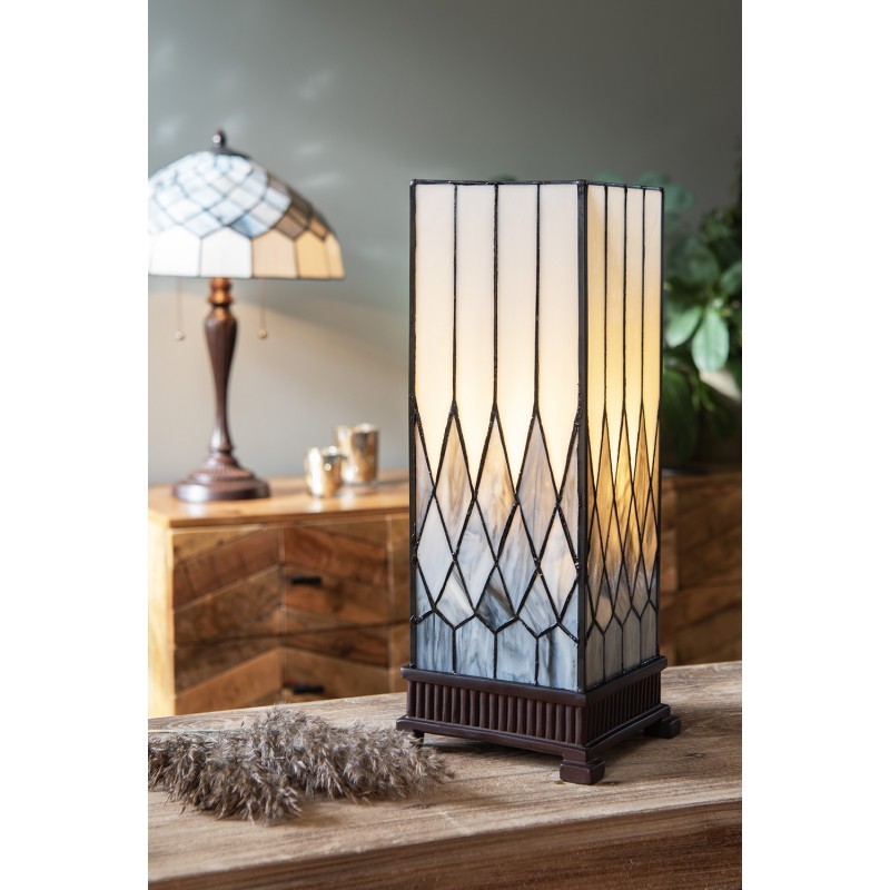Bílo-šedá stolní lampa Tiffany Paulette - 17*17*43 cm E27/ 1*40W Clayre & Eef Bílo-šedá stolní lampa Tiffany Paulette - 17*17*43 cm E27/ 1*40W Clayre & Eef