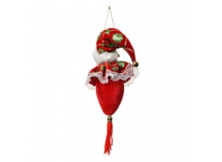 Červená závěsná dekorace hlava Santa se zdobným oblekem - 8*8*35 cm