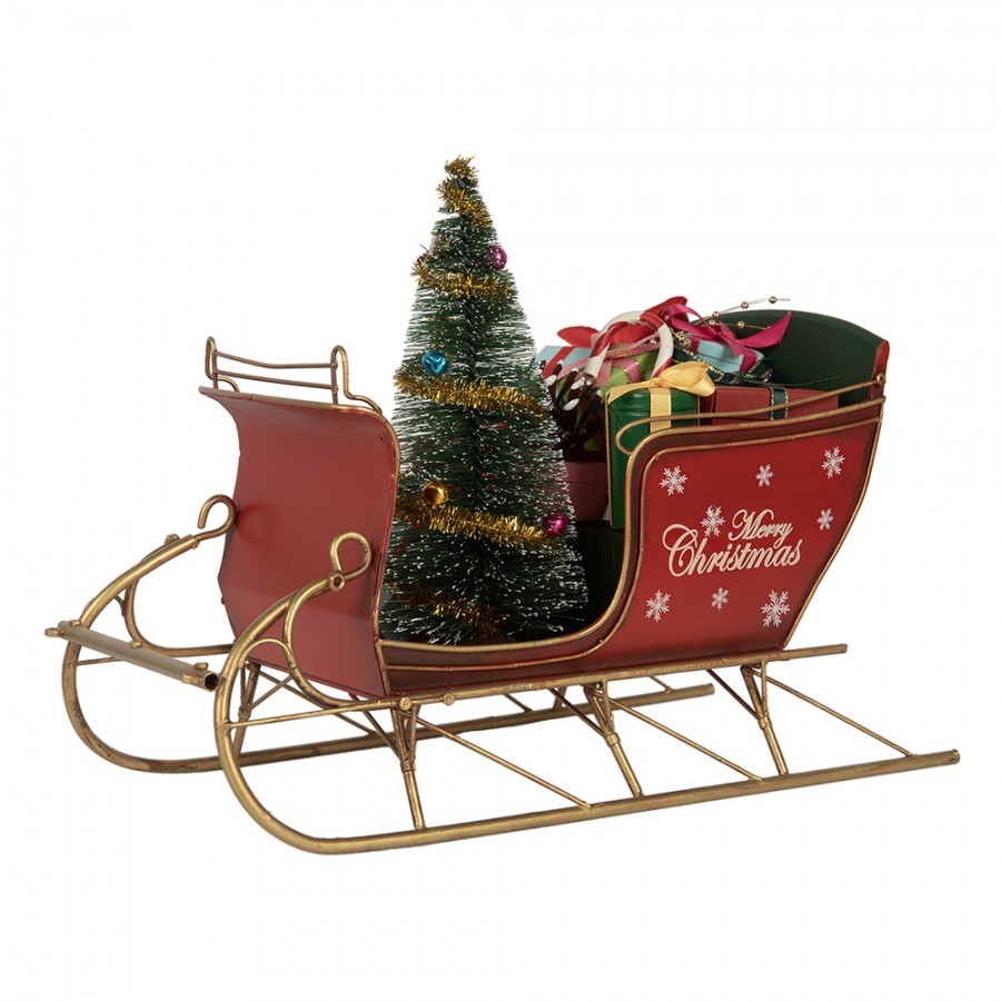 Červená dekorace sáně s dárky a stromkem Merry Christmas - 30*15*22 cm