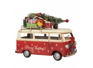 Červený retro model autobus s dárky a stromkem Christmas - 38*16*28 cm
