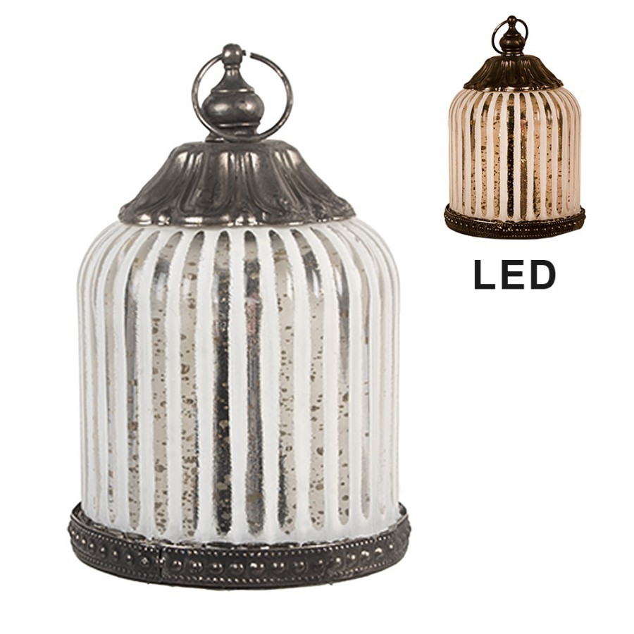 Stříbrná antik skleněná svítící LED lucerna Balli - Ø 8*12 cm / 2*AAA Clayre & Eef Stříbrná antik skleněná svítící LED lucerna Balli - Ø 8*12 cm / 2*AAA Clayre & Eef