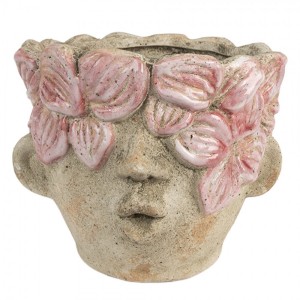 Béžový antik obal na květináč hlava ženy s květy Danaé - Ø 18*15 cm