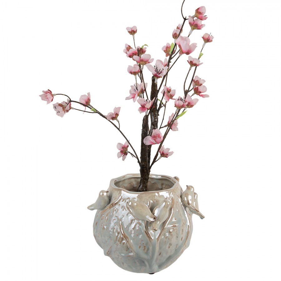 Modrý terakotový obal na květináč zdobený ptáčky - 22*21*17 cm Clayre & Eef Modrý terakotový obal na květináč zdobený ptáčky - 22*21*17 cm Clayre & Eef