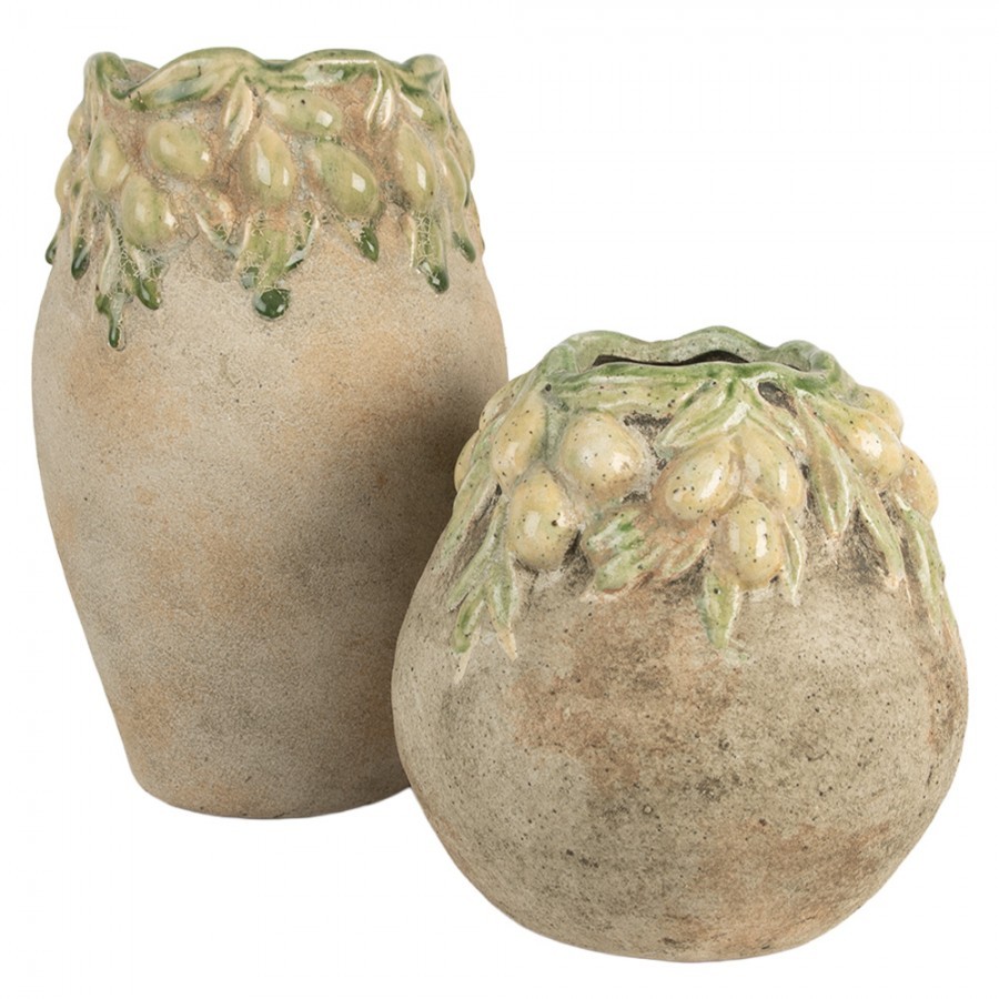Béžový antik terakotový obal na květináč s olivami Olives - Ø 18*18 cm Clayre & Eef Béžový antik terakotový obal na květináč s olivami Olives - Ø 18*18 cm Clayre & Eef