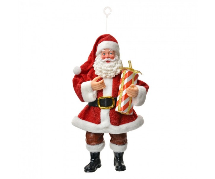 Červená závěsná vánoční dekorace Santa Claus držící dárek - 10*6*17 cm Clayre & Eef