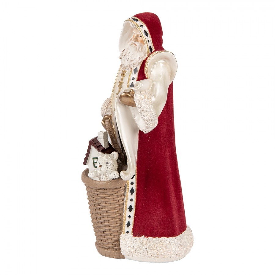 Červená dekorace Santa v kožichu a nůší s dárky - 15*14*29 cm Clayre & Eef Červená dekorace Santa v kožichu a nůší s dárky - 15*14*29 cm Clayre & Eef