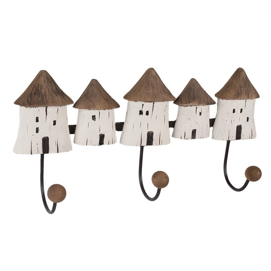 Nástěnný věšák se 3-mi háčky a dřevěnými domečky Rustic - 38*8*19 cm Clayre & Eef Nástěnný věšák se 3-mi háčky a dřevěnými domečky Rustic - 38*8*19 cm Clayre & Eef