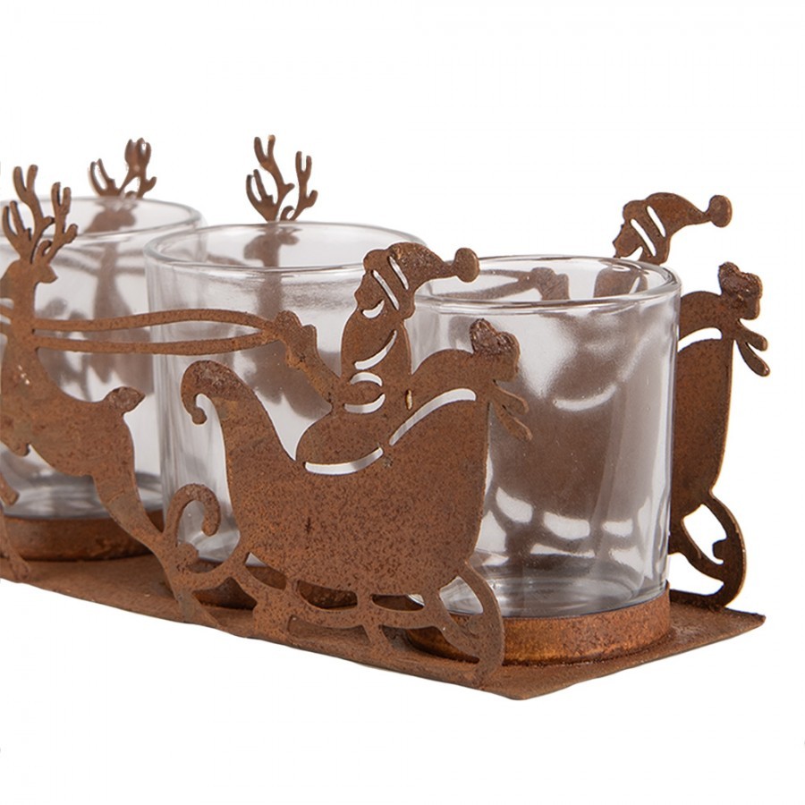 Rezavý kovový vánoční svícen Santa se spřežením Brocante rust - 25*8*8 cm Clayre & Eef Rezavý kovový vánoční svícen Santa se spřežením Brocante rust - 25*8*8 cm Clayre & Eef