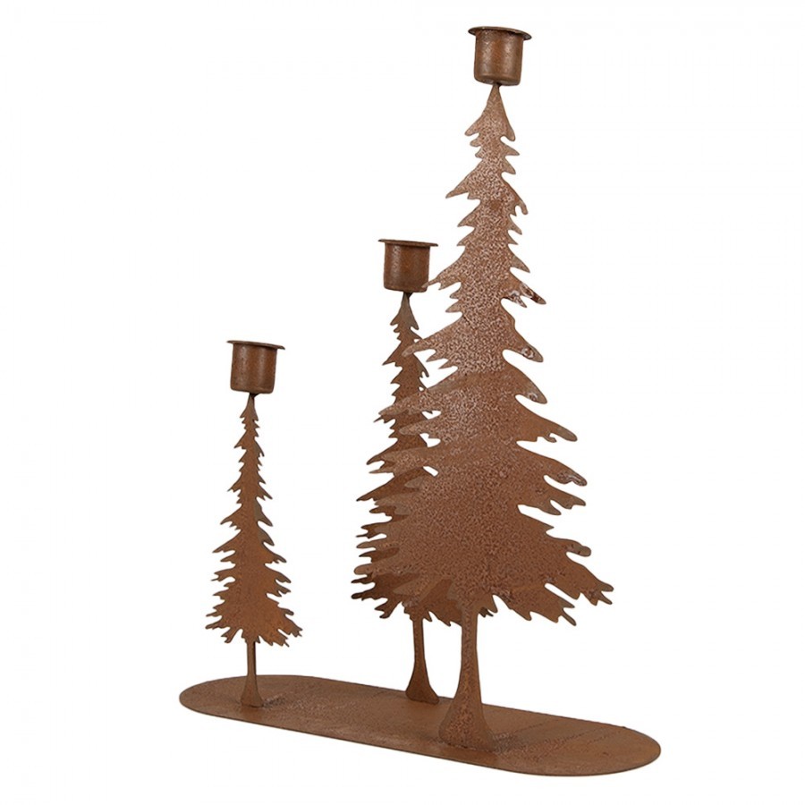 Rezavý kovový vánoční svícen se stromky na úzké svíčky Brocante rust - 14*14*26 cm Clayre & Eef Rezavý kovový vánoční svícen se stromky na úzké svíčky Brocante rust - 14*14*26 cm Clayre & Eef