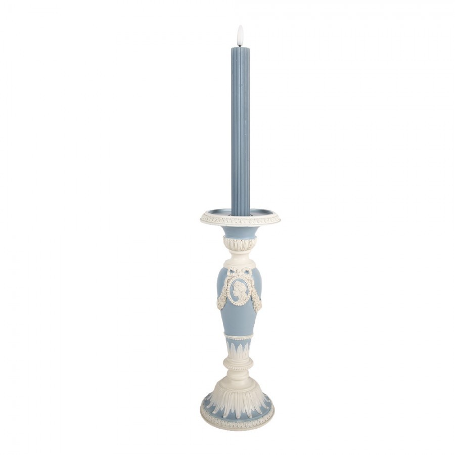 Modro-bílý svícen na úzkou svíčku se zdobením - Ø 10*27 cm Clayre & Eef Modro-bílý svícen na úzkou svíčku se zdobením - Ø 10*27 cm Clayre & Eef