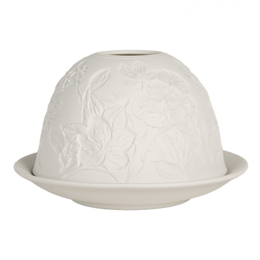 Bílý porcelánový svícen na čajovou svíčku s květy Paollo - Ø 12*8 cm Clayre & Eef Bílý porcelánový svícen na čajovou svíčku s květy Paollo - Ø 12*8 cm Clayre & Eef