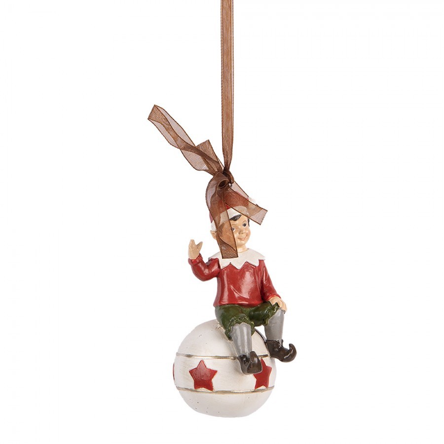 Závěsná vánoční dekorace sedící Elf na kouli - 5*5*10 cm Clayre & Eef Závěsná vánoční dekorace sedící Elf na kouli - 5*5*10 cm Clayre & Eef