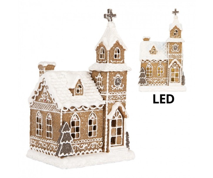 Vánoční perníková dekorace kostel Gingerbread House Led - 14*12*23 cm Clayre & Eef