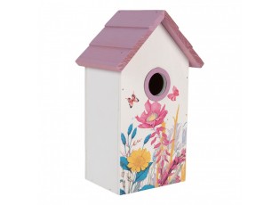 Bílo-fialová dřevěná ptačí budka s květy Birdhouse - 15*10*22 cm