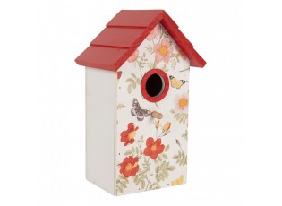 Bílo-červená dřevěná ptačí budka s květy Birdhouse - 15*10*22 cm