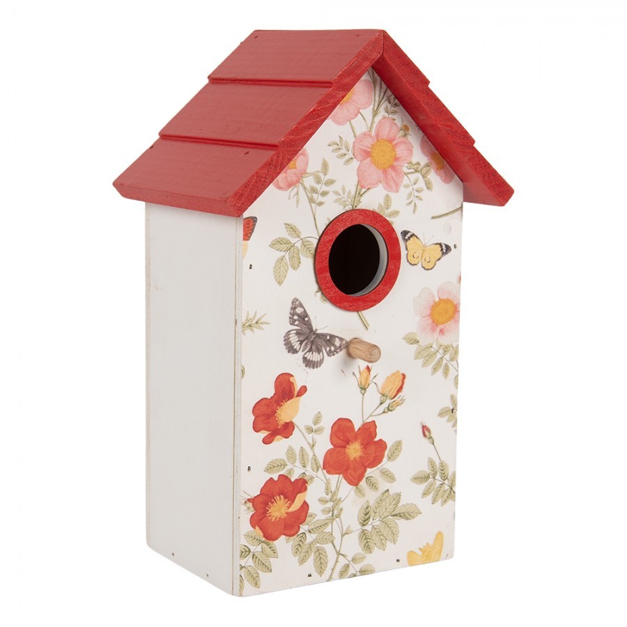 Bílo-červená dekorační ptačí budka s květy Birdhouse - 15*10*22 cm