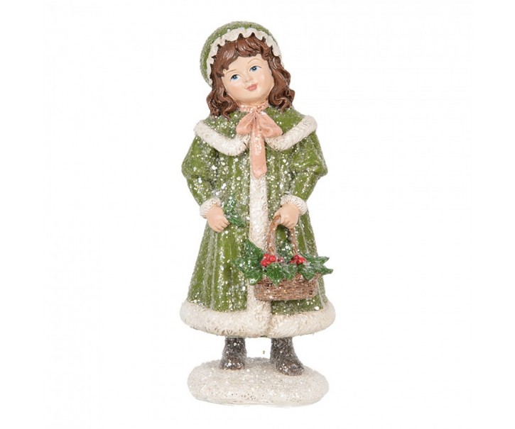 Dekorace dívka v zeleném plášti držící košíček a zdobená třpytkami - 8*9*18 cm Clayre & Eef