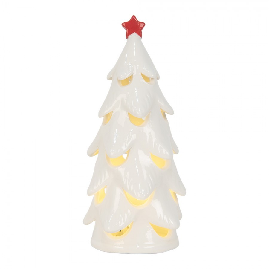 Bílý keramický LED stromeček s červenou hvězdou - Ø 9*19 cm Clayre & Eef Bílý keramický LED stromeček s červenou hvězdou - Ø 9*19 cm Clayre & Eef