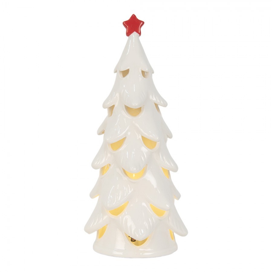 Bílý keramický LED stromeček s červenou hvězdou - Ø 11*25 cm Clayre & Eef Bílý keramický LED stromeček s červenou hvězdou - Ø 11*25 cm Clayre & Eef