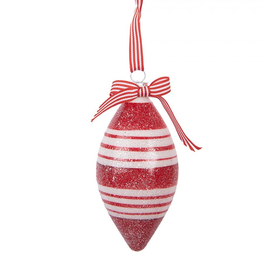 Červenobílá pruhovaná skleněná ozdoba špičatá baňka - Ø 6*12 cm Clayre & Eef Červenobílá pruhovaná skleněná ozdoba špičatá baňka - Ø 6*12 cm Clayre & Eef