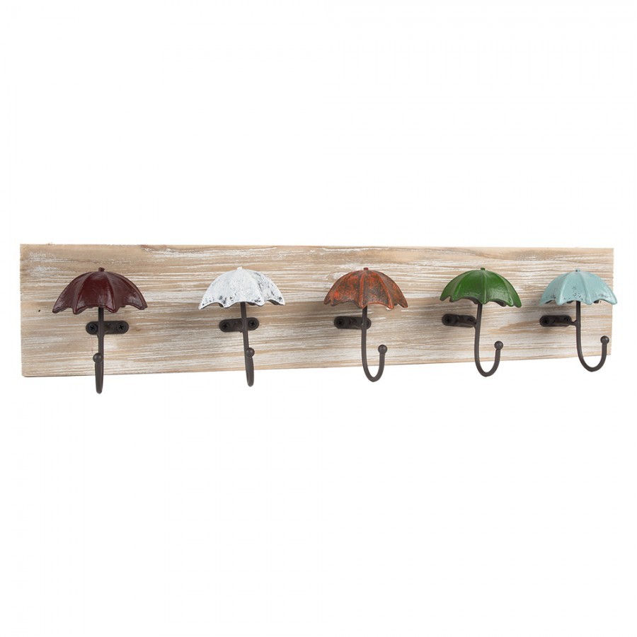 Dřevěný nástěnný věšák s 5ti háčky s deštníky Umbrella - 60*10*12 cm Clayre & Eef Dřevěný nástěnný věšák s 5ti háčky s deštníky Umbrella - 60*10*12 cm Clayre & Eef
